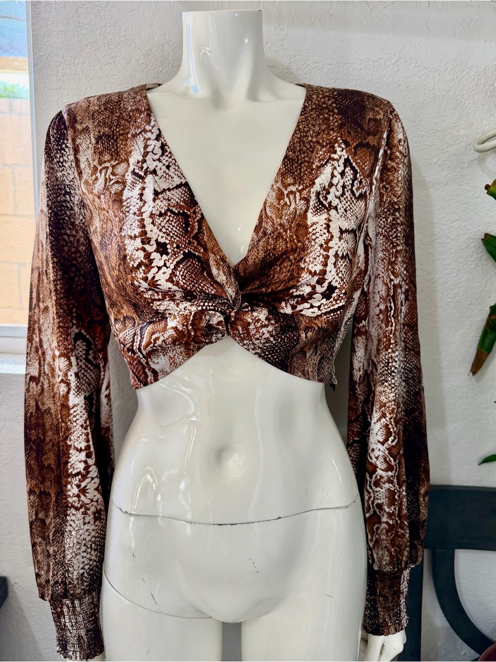 Guess Brown Snake-Print Twist-Front Crop Top